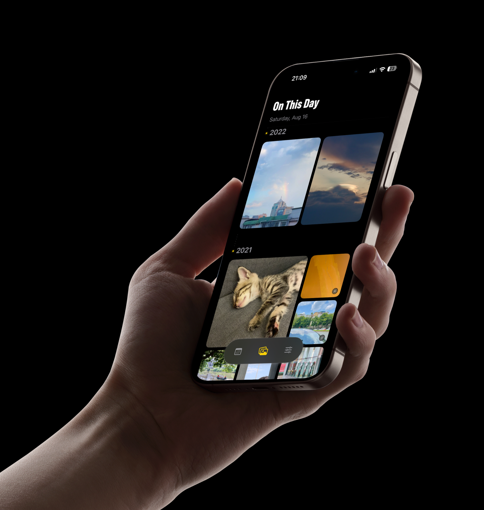 Odays app interface showing on this day photos